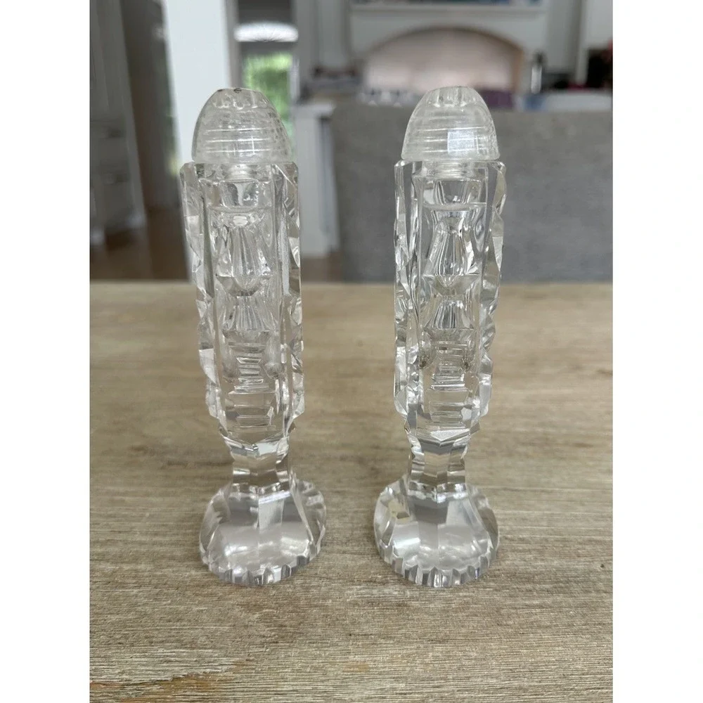 VTG Clear Cut Glass Pedestal Salt & Pepper Shakers Tall Czechoslovakia 4.5